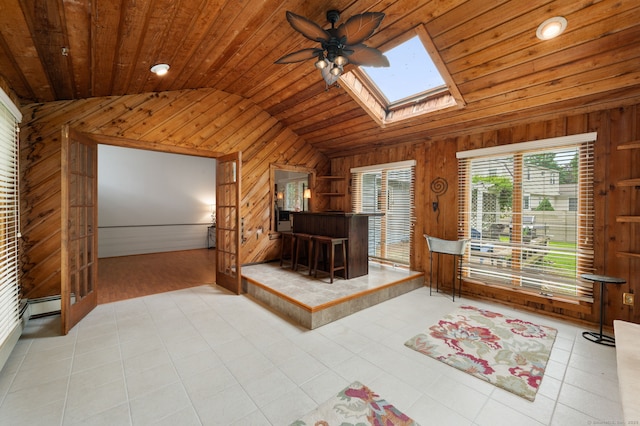 80 Farmstead Ln, Windsor, CT 06095 - bathroom featuring vaulted ceiling, wooden walls, wooden ceiling, a ceiling fan, and a skylight