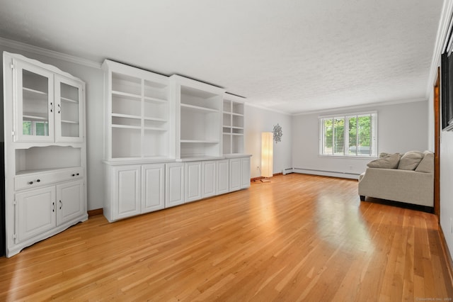 80 Farmstead Ln, Windsor, CT 06095 - unfurnished living room featuring baseboard heating, light wood-style floors, ornamental molding, baseboards, and a textured ceiling