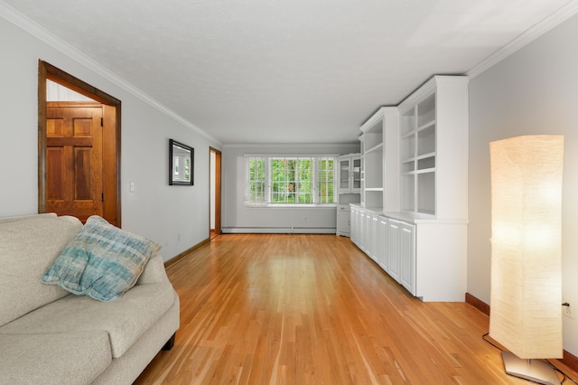 80 Farmstead Ln, Windsor, CT 06095 - living room with baseboard heating, light wood-type flooring, ornamental molding, and baseboards