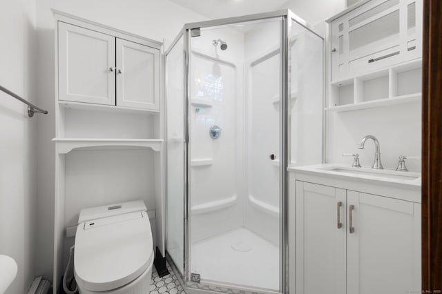 80 Farmstead Ln, Windsor, CT 06095 - full bathroom with toilet, a shower stall, vanity, and a baseboard heating unit