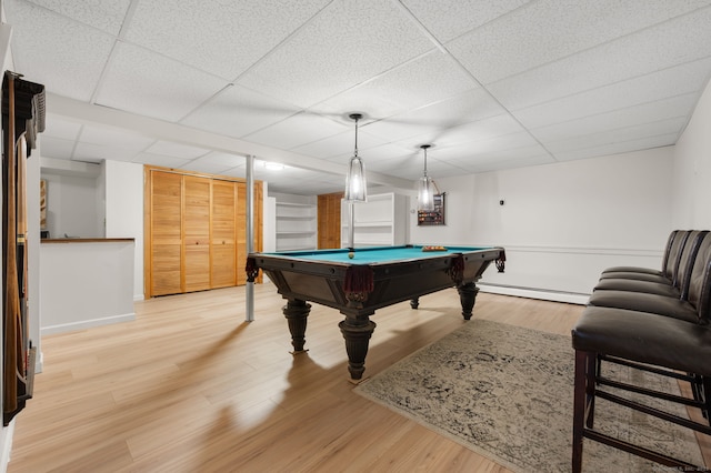 80 Farmstead Ln, Windsor, CT 06095 - rec room featuring a baseboard radiator, billiards, a paneled ceiling, light wood-style flooring, and baseboards