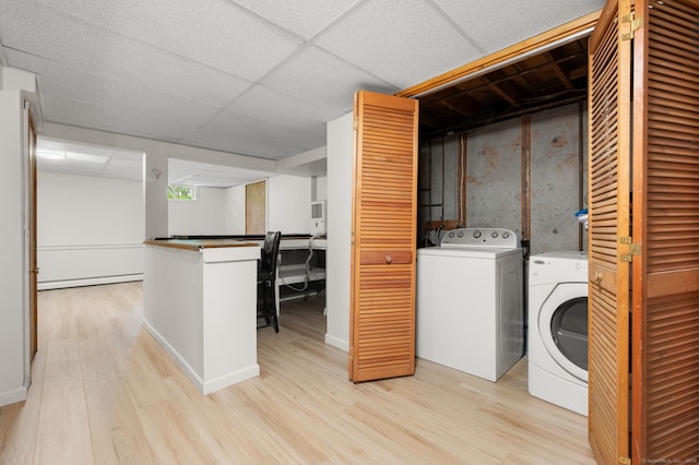 80 Farmstead Ln, Windsor, CT 06095 - laundry room with light wood-style floors, washing machine and clothes dryer, a baseboard radiator, and baseboards