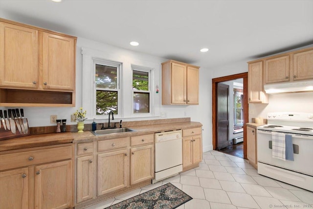 26 Shipyard Ln, Milford, CT 06460 - kitchen featuring white appliances, under cabinet range hood, a sink, light brown cabinets, and recessed lighting