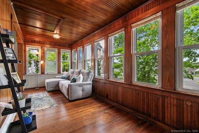 26 Shipyard Ln, Milford, CT 06460 - sunroom with healthy amount of natural light, wood walls, hardwood / wood-style floors, and wooden ceiling