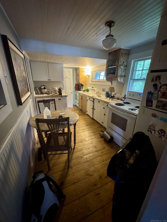 343 W Wakefield Blvd, Winchester, CT 06098 - kitchen with electric range, light wood-style flooring, wood ceiling, white cabinets, and light countertops