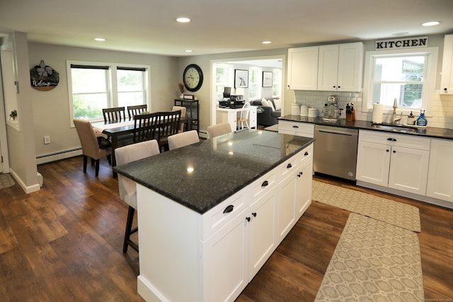 18 Totoket Rd, Waterford, CT 06375 - kitchen featuring stainless steel dishwasher, a sink, a baseboard radiator, dark wood-type flooring, and recessed lighting