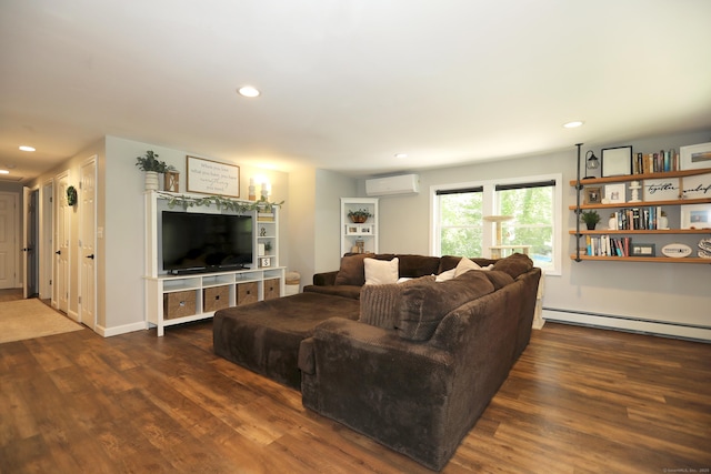 18 Totoket Rd, Waterford, CT 06375 - living area featuring a wall mounted AC, a baseboard heating unit, wood finished floors, and recessed lighting
