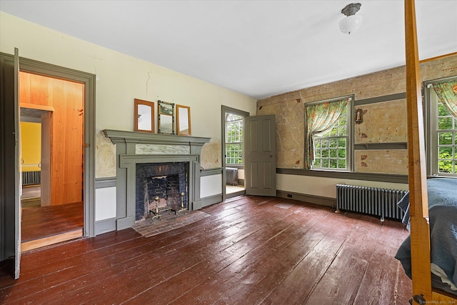 89 John Perry Rd, Eastford, CT 06242 - unfurnished living room with radiator, wood-type flooring, and a premium fireplace