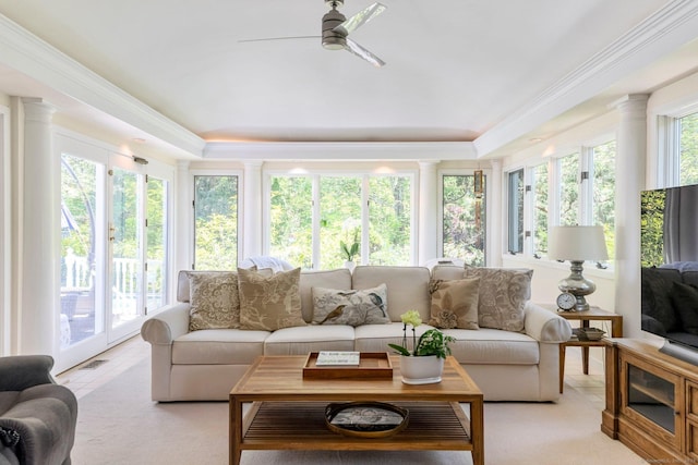 94 Southpond Rd, Glastonbury, CT 06073 - sunroom / solarium featuring french doors, ornamental molding, and a raised ceiling