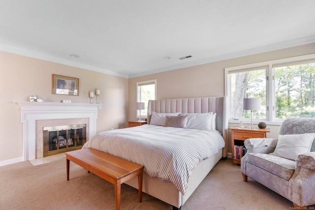 94 Southpond Rd, Glastonbury, CT 06073 - bedroom with crown molding, light colored carpet, and a fireplace with flush hearth