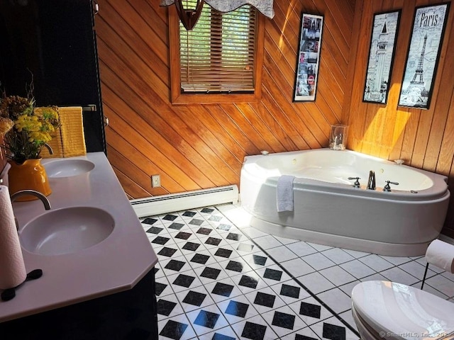 30 Cedar Ave, Wolcott, CT 06716 - bathroom with baseboard heating, wood walls, a garden tub, double vanity, and tile patterned flooring