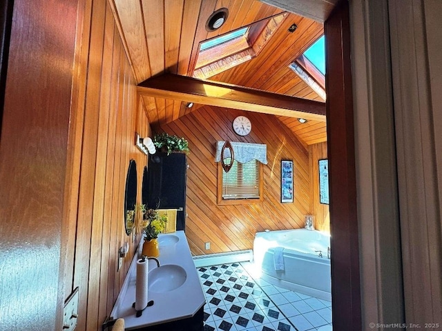 30 Cedar Ave, Wolcott, CT 06716 - bathroom featuring wood walls, double vanity, wooden ceiling with exposed beams, a bath, and baseboards