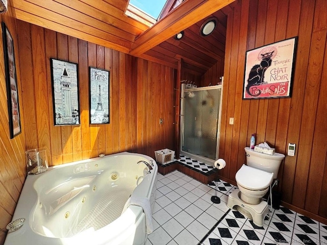 30 Cedar Ave, Wolcott, CT 06716 - bathroom featuring a skylight, a shower stall, wooden walls, toilet, and a jetted tub