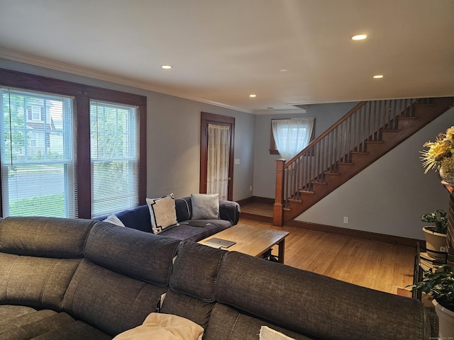58 Waverly Pl, Bridgeport, CT 06610 - living room with stairs, wood finished floors, baseboards, recessed lighting, and ornamental molding