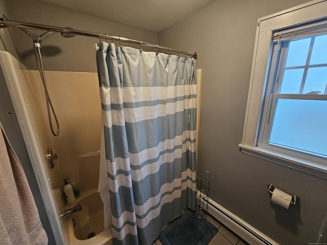 58 Waverly Pl, Bridgeport, CT 06610 - bathroom featuring shower / bath combo with shower curtain, baseboard heating, and tile patterned flooring