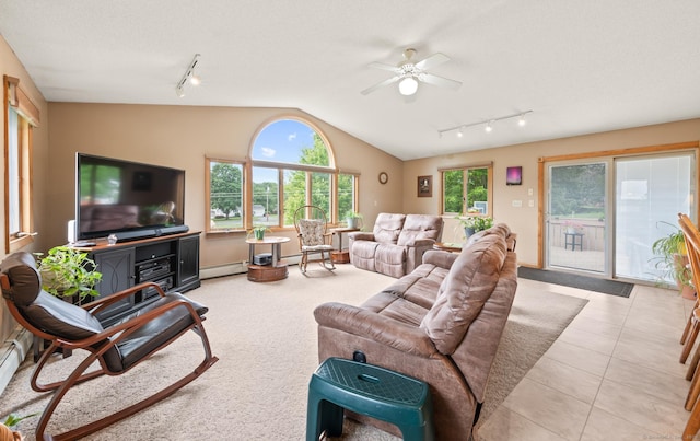 223 Beach Rd, Wolcott, CT 06716 - tiled living room featuring rail lighting, ceiling fan, and lofted ceiling