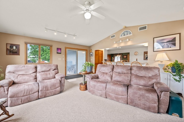 223 Beach Rd, Wolcott, CT 06716 - carpeted living room featuring a ceiling fan, vaulted ceiling, and rail lighting