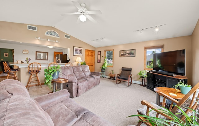 223 Beach Rd, Wolcott, CT 06716 - living room featuring track lighting, vaulted ceiling, and ceiling fan