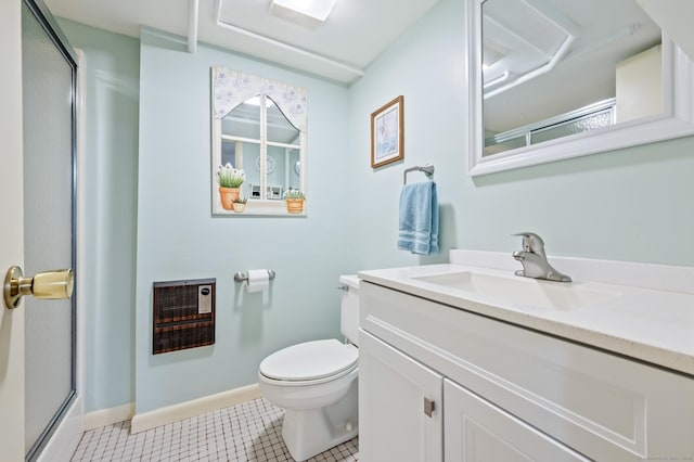 223 Beach Rd, Wolcott, CT 06716 - bathroom featuring a shower with shower door, heating unit, vanity, and tile patterned flooring