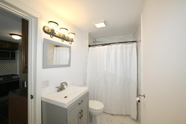 35 Church St, East Windsor, CT 06016 - full bath with marble look tiles, vanity, toilet, tasteful backsplash, and a shower with shower curtain