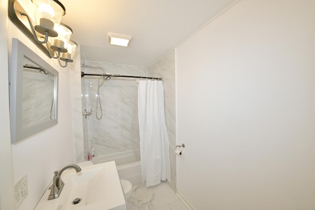 35 Church St, East Windsor, CT 06016 - full bath with marble finish flooring, a sink, shower / tub combo, toilet, and baseboards