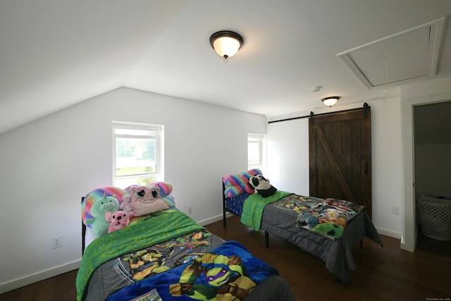 35 Church St, East Windsor, CT 06016 - bedroom featuring attic access, lofted ceiling, wood finished floors, baseboards, and a barn door