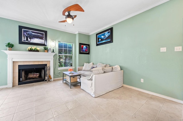 31 High St Unit 10103, East Hartford, CT 06118 - living area with a ceiling fan, ornamental molding, light tile patterned flooring, a fireplace, and baseboards