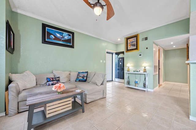 31 High St Unit 10103, East Hartford, CT 06118 - living area featuring a ceiling fan, ornamental molding, light tile patterned floors, baseboards, and recessed lighting