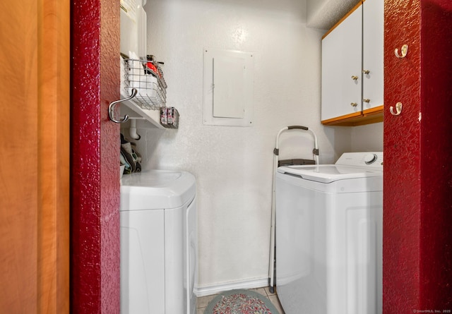 31 High St Unit 10103, East Hartford, CT 06118 - washroom with washing machine and dryer, electric panel, cabinet space, tile patterned floors, and a textured wall