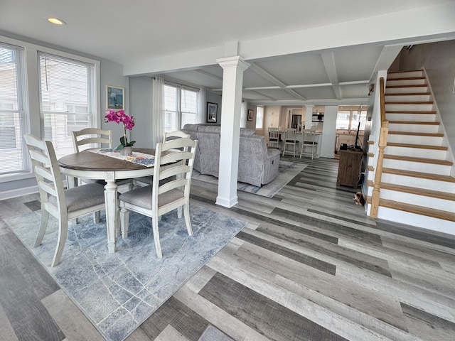 25 Milesfield Ave, Milford, CT 06460 - dining space with stairway, recessed lighting, coffered ceiling, ornate columns, and wood finished floors