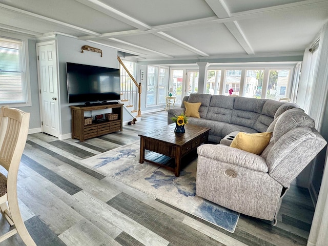 25 Milesfield Ave, Milford, CT 06460 - living room featuring stairs, coffered ceiling, wood finished floors, beamed ceiling, and decorative columns