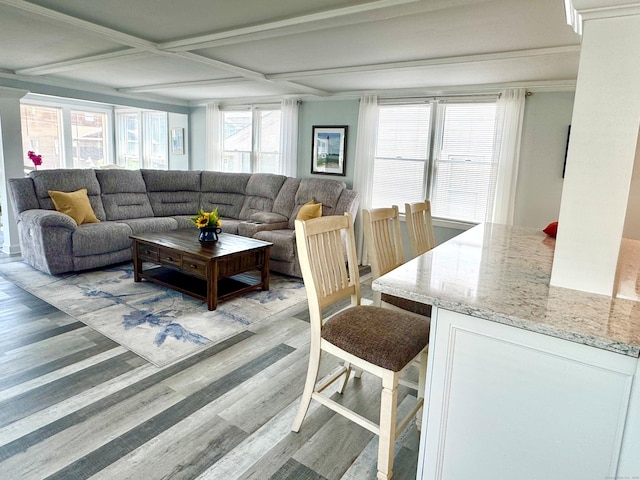 25 Milesfield Ave, Milford, CT 06460 - living area featuring light wood-style flooring, coffered ceiling, and beamed ceiling
