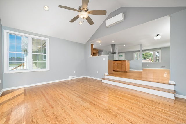 34 Fox Hill Rd, Wethersfield, CT 06109 - unfurnished living room with a ceiling fan, light wood-style flooring, baseboards, high vaulted ceiling, and recessed lighting