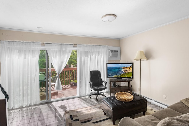 32 Anton Rd Apt C, Mansfield, CT 06268 - living area with a baseboard radiator, ornamental molding, a wall unit AC, and tile patterned floors