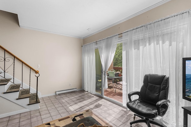 32 Anton Rd Apt C, Mansfield, CT 06268 - sitting room with a baseboard radiator, crown molding, baseboards, stairs, and tile patterned floors
