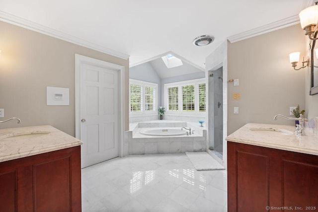 16 Oak Blf, Avon, CT 06001 - full bath featuring vanity, a skylight, crown molding, a shower stall, and a garden tub