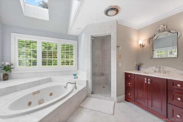 16 Oak Blf, Avon, CT 06001 - full bathroom featuring a shower stall, a jetted tub, vanity, marble finish flooring, and a skylight