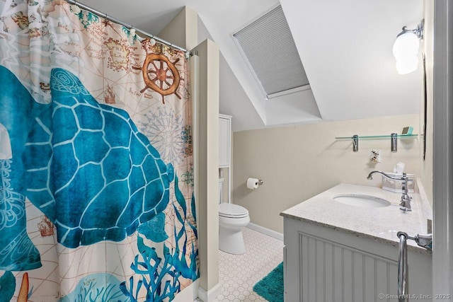 16 Oak Blf, Avon, CT 06001 - bathroom featuring vanity, lofted ceiling, and a shower with curtain