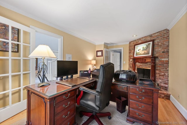 16 Oak Blf, Avon, CT 06001 - office space featuring crown molding, light wood-style flooring, and a brick fireplace