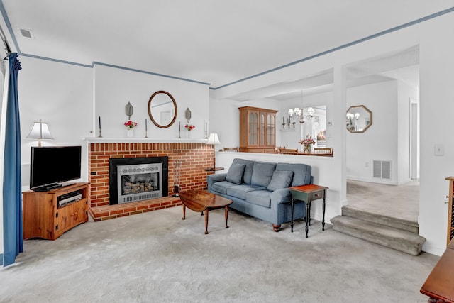24 Farmington Chase Cres, Farmington, CT 06032 - living room featuring carpet, a chandelier, and a fireplace
