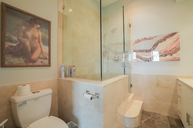 5050 Main St, Stratford, CT 06614 - full bathroom with tile walls, vanity, toilet, a walk in shower, and a wainscoted wall