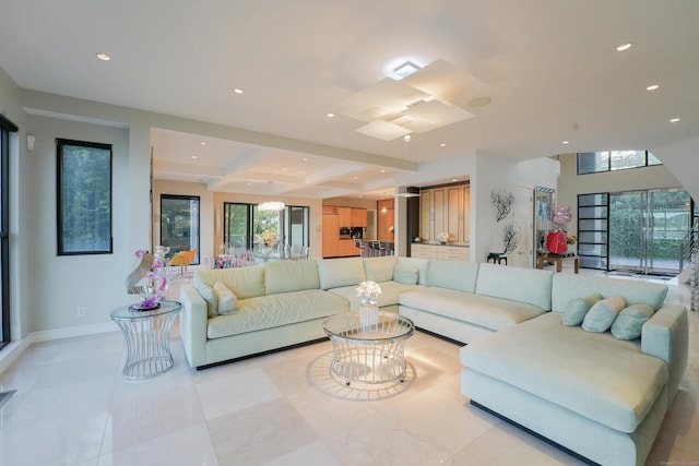 5050 Main St, Stratford, CT 06614 - living area with recessed lighting, baseboards, and beamed ceiling