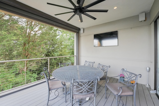 5050 Main St, Stratford, CT 06614 - wooden terrace featuring ceiling fan and outdoor dining space