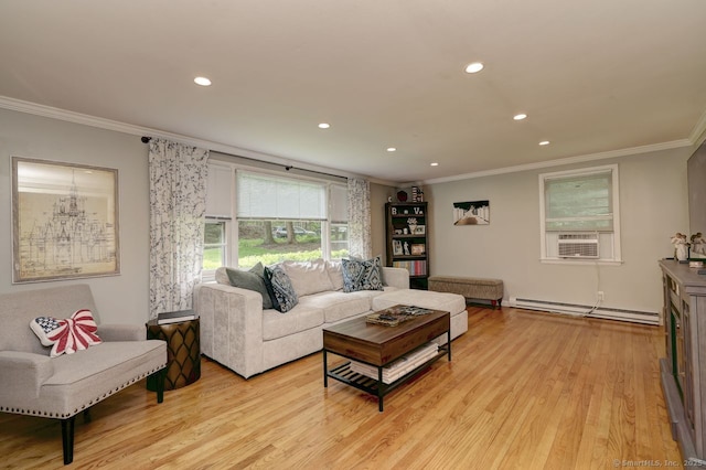 9 Honey Ln, Newtown, CT 06482 - living area with a baseboard radiator, crown molding, recessed lighting, light wood-style flooring, and cooling unit
