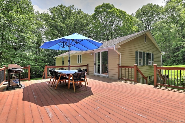 9 Honey Ln, Newtown, CT 06482 - wooden terrace with outdoor dining space, grilling area, and view of wooded area