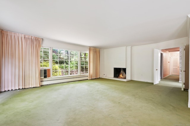 345 Hollow Tree Ridge Rd, Darien, CT 06820 - unfurnished living room with a baseboard heating unit, carpet, and a brick fireplace