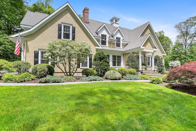 110 Florence Ln, Fairfield, CT 06824 - view of front of house with a front yard, a chimney, and roof with shingles