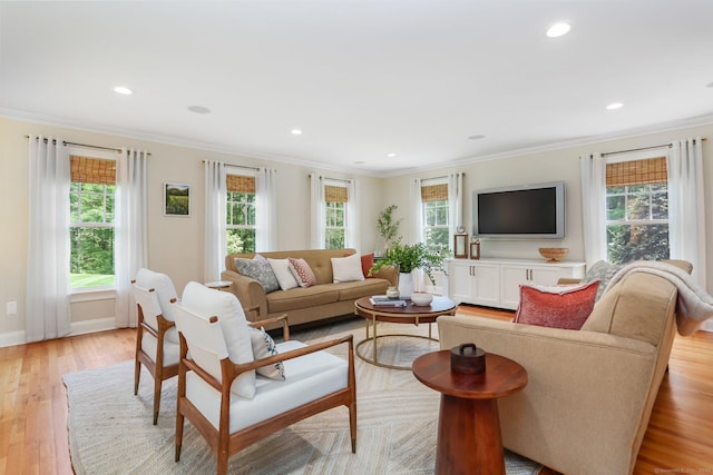 110 Florence Ln, Fairfield, CT 06824 - living area featuring plenty of natural light, ornamental molding, light wood-style floors, recessed lighting, and baseboards