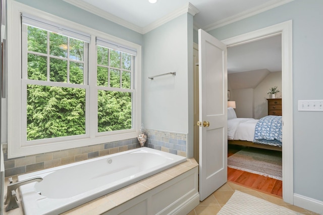 110 Florence Ln, Fairfield, CT 06824 - bathroom with a bath, tile patterned floors, connected bathroom, and crown molding