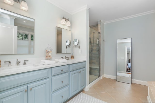 110 Florence Ln, Fairfield, CT 06824 - full bathroom with crown molding, double vanity, a stall shower, tile patterned floors, and baseboards